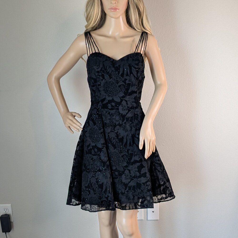 Jump Apparel Co Dress Size 11/12 Black Sparkly Floral Strappy Tulle Mini Dress